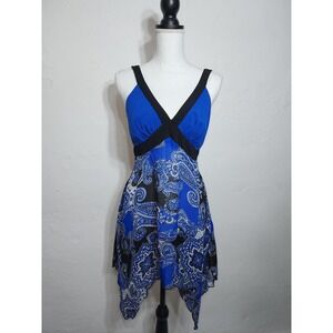 Blue Diamond Handkerchief‎ Hem top Womens Medium Blue Paisley V-Neck Boho